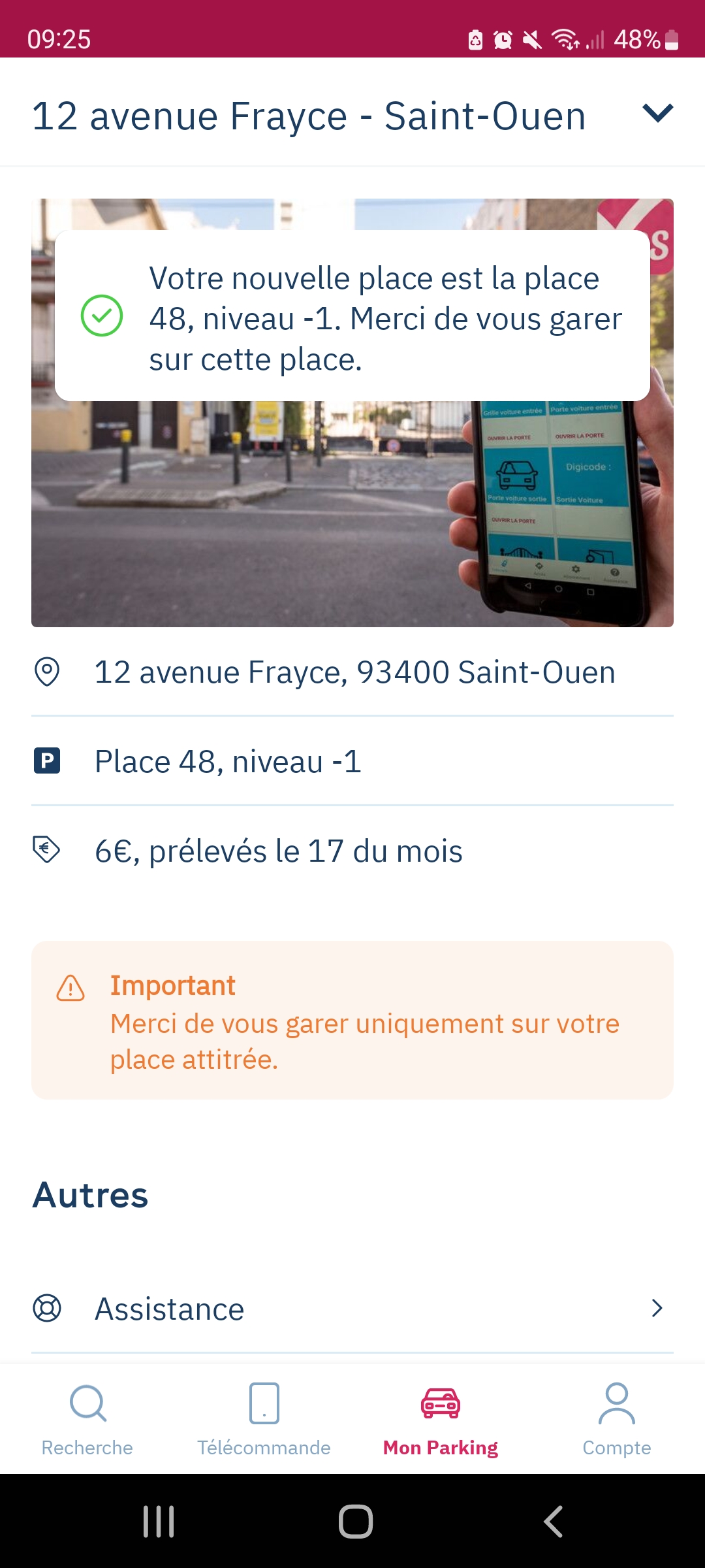 Aplicação Yespark: ecrã My parking, mensagem a confirmar o novo lugar atribuído