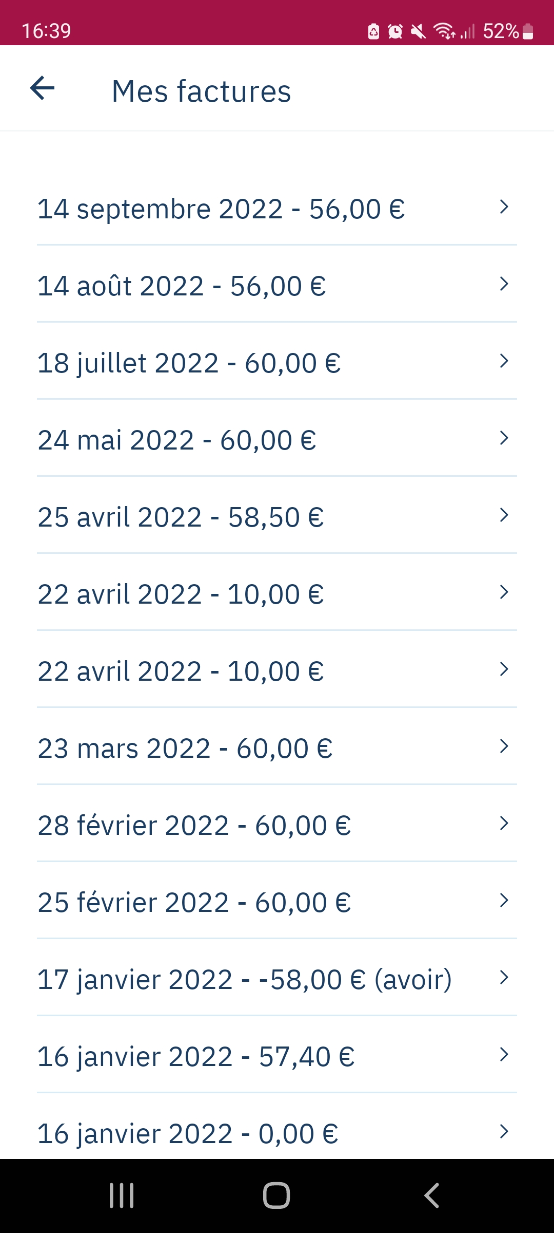 Yespark app: My invoices screen, list of dated invoices with their amounts