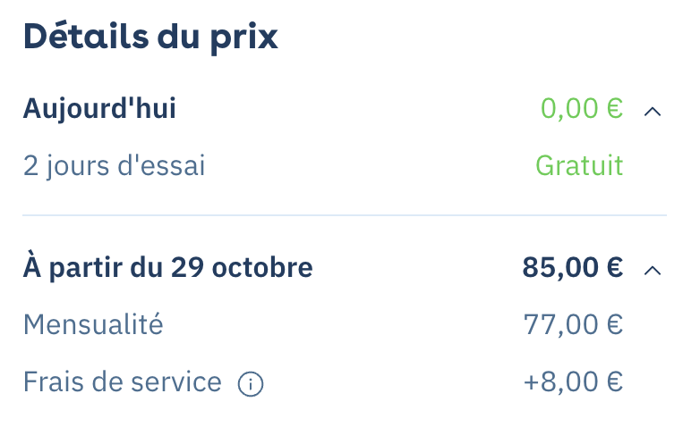 Subscription price breakdown: 2-day free trial, then monthly payment and service fees