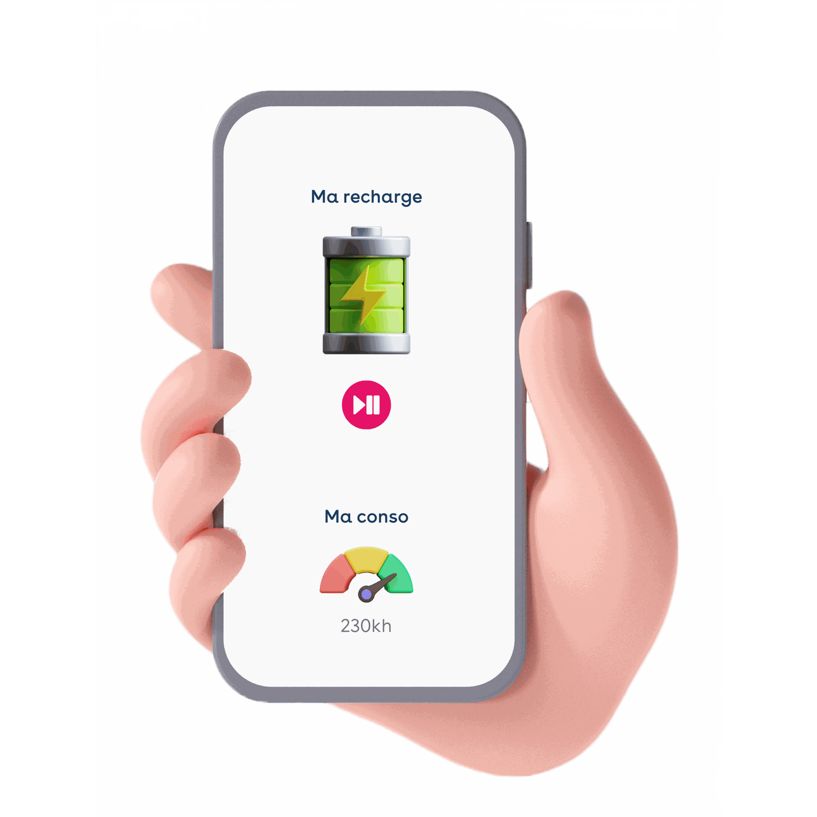 Ilustração: telemóvel com o ecrã do carregamento, um botão de reprodução/pausa e o consumo em kWh