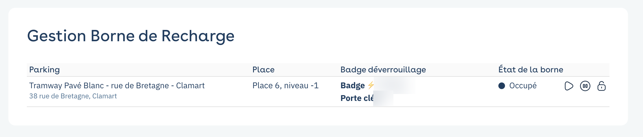 Web customer account: charging station management table with spot, unlock badge, and charging station status