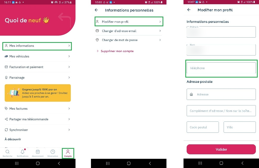 App Yespark: Mis datos, Modificar mi perfil y, después, el campo Teléfono enmarcado