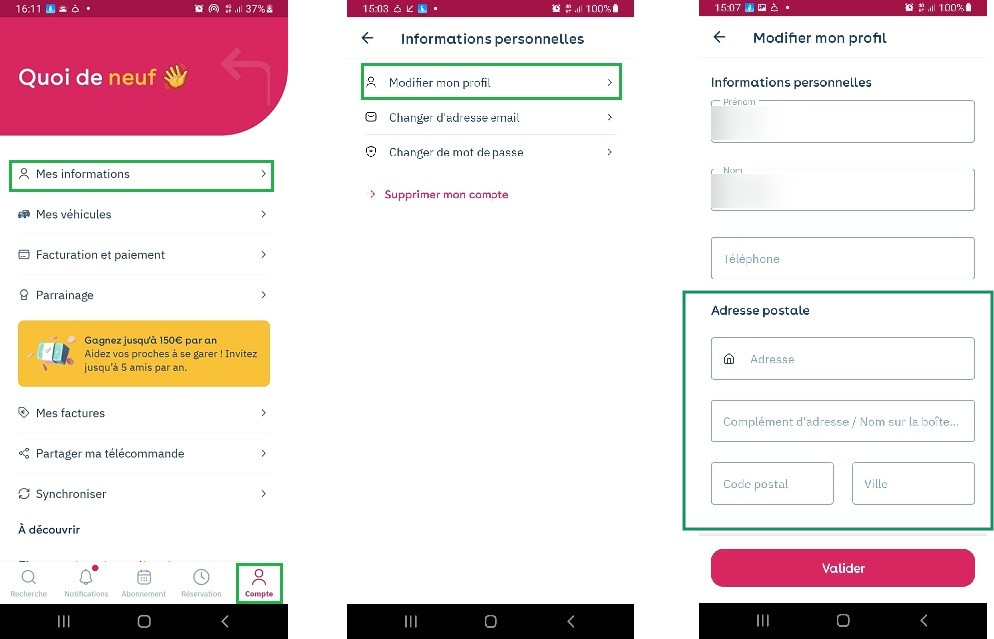 Yespark app: Account, My information, Edit my profile, then the Postal address section outlined