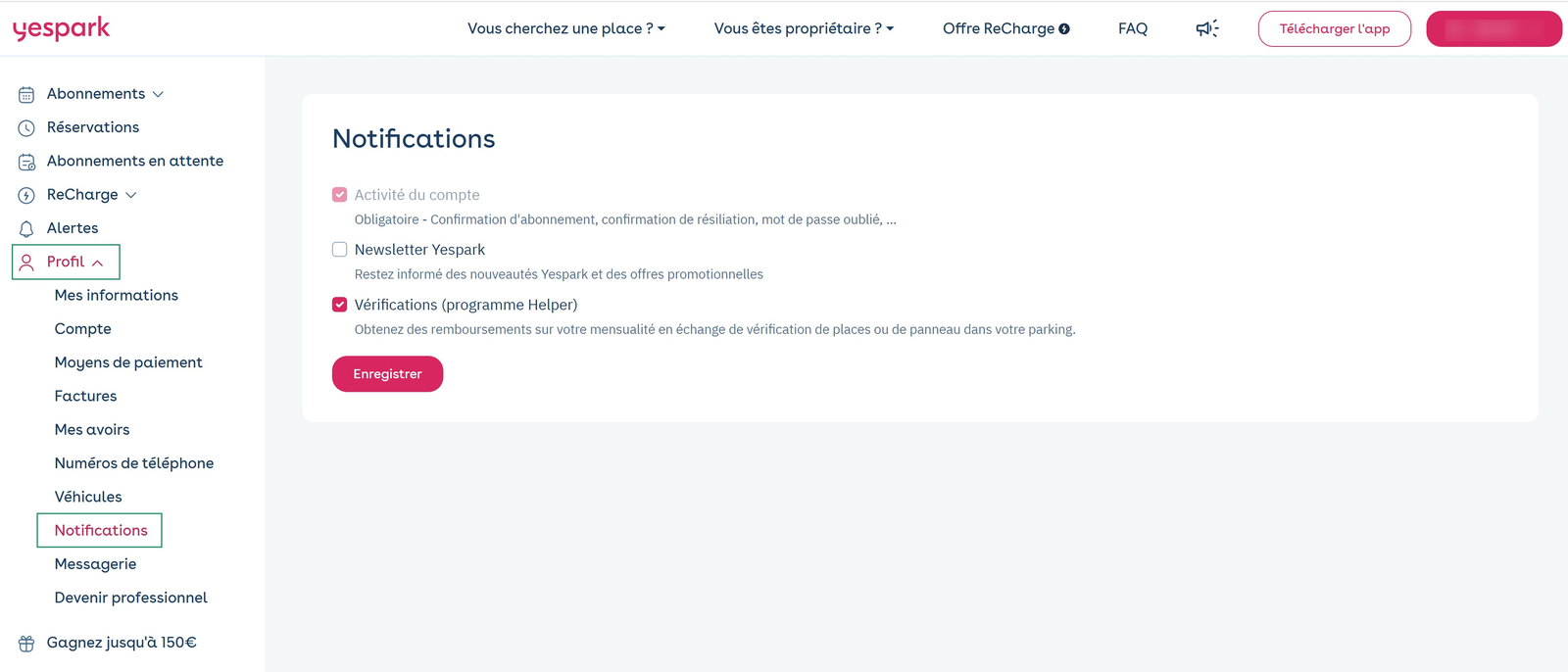 Online customer account: Profile, then Notifications, with the Account activity, Newsletter and Verifications checkboxes