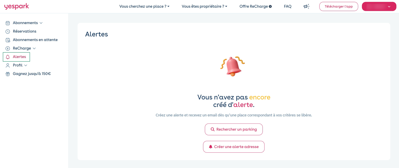 Online customer account: Alerts menu circled, Alerts page with the Search for a car park and Create an alert buttons
