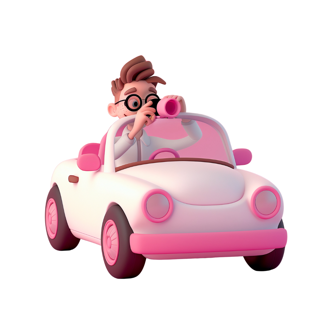 Ilustração: condutor num carro cor-de-rosa a observar o parque com binóculos