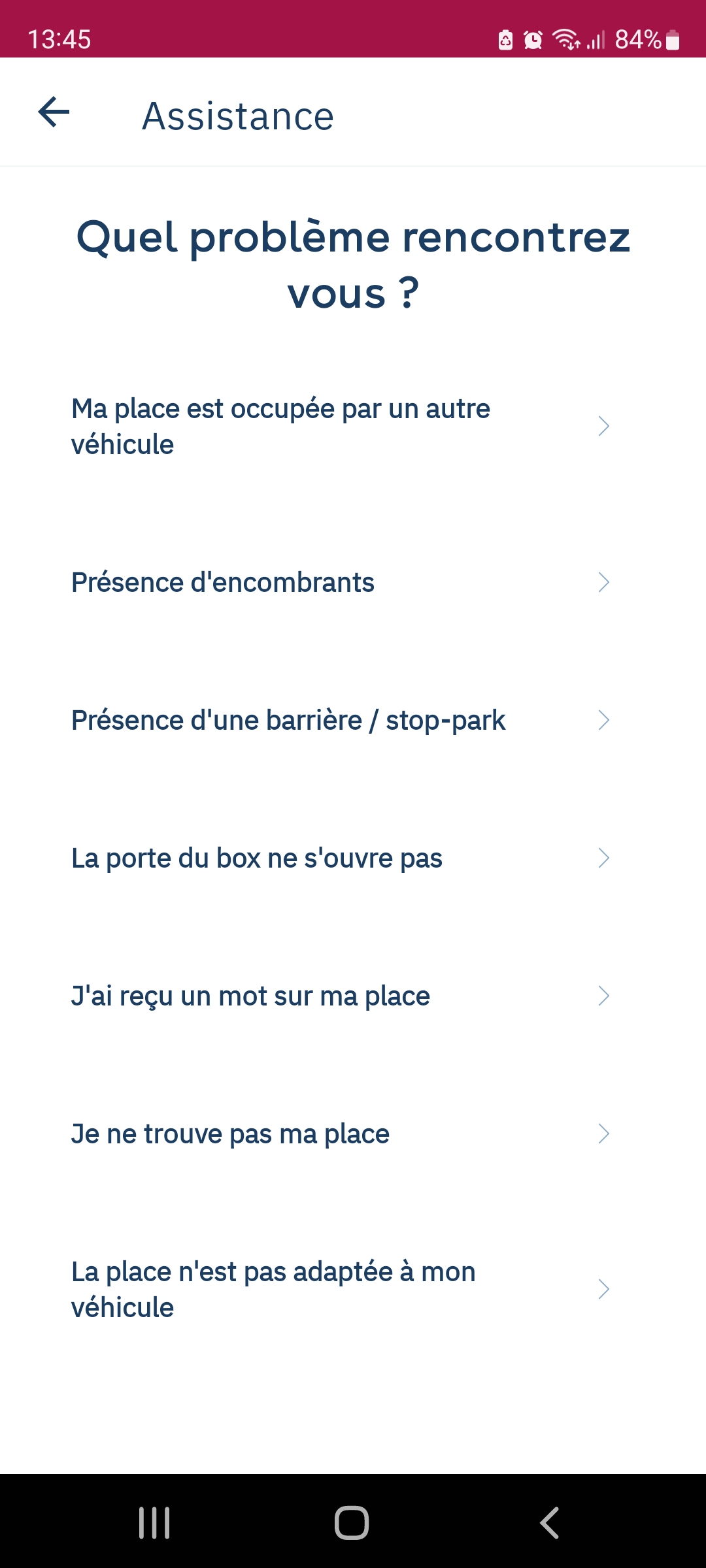 Aplicação Yespark: Assistance, lista de problemas com My spot is occupied by another vehicle em primeiro lugar