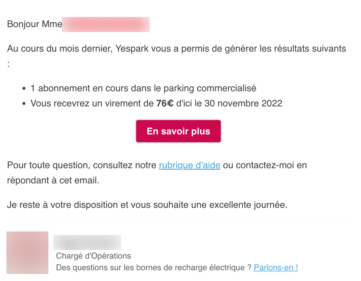 Monthly Yespark email to the owner: active subscriptions and amount of the next transfer
