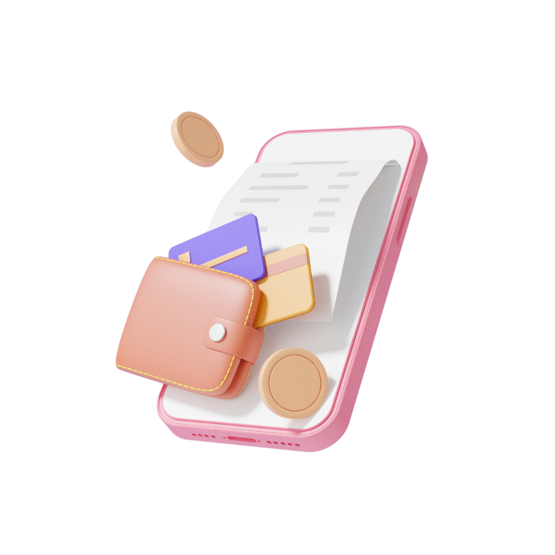 Ilustración: smartphone con cartera, tarjetas bancarias, monedas y tique de pago