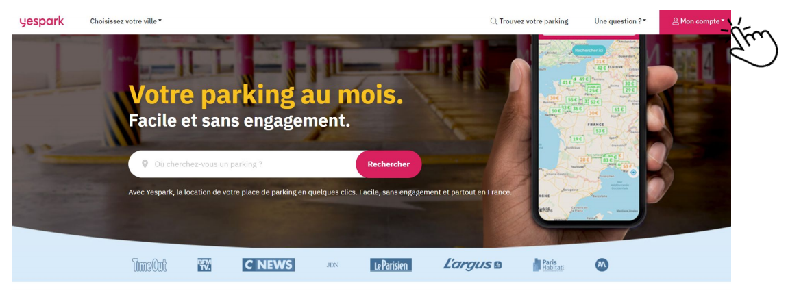 Site da Yespark: página inicial, com uma mão a apontar para o menu «Mon compte» no canto superior direito