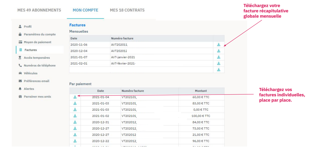 Área de cliente na web: secção «Factures» (faturas), descarga das faturas mensais recapitulativas e das faturas por pagamento