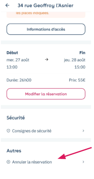 App Yespark: detalle de una reserva, flecha hacia el enlace Cancelar la reserva