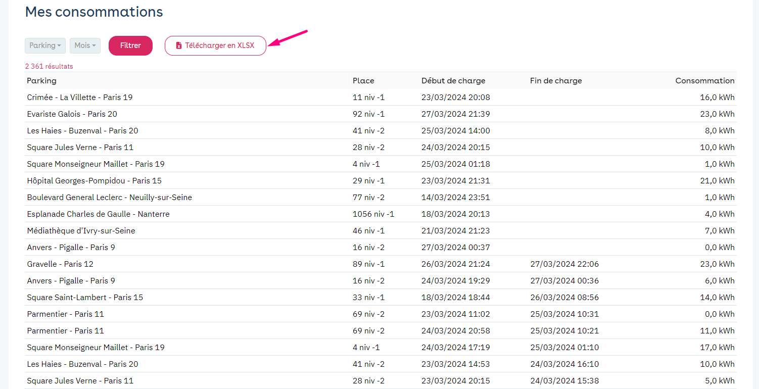 Online account: table of your consumption by charging session, arrow pointing to the Download as XLSX button