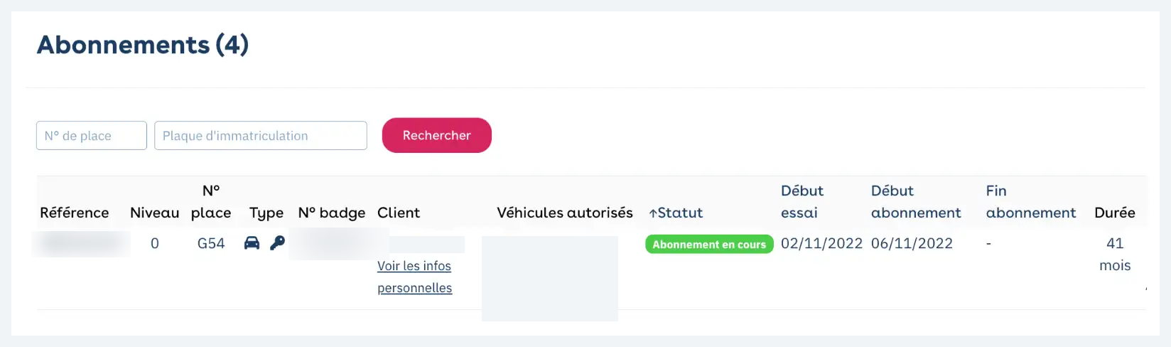 Yespark account: list of subscriptions with the Trial start and Subscription start columns side by side
