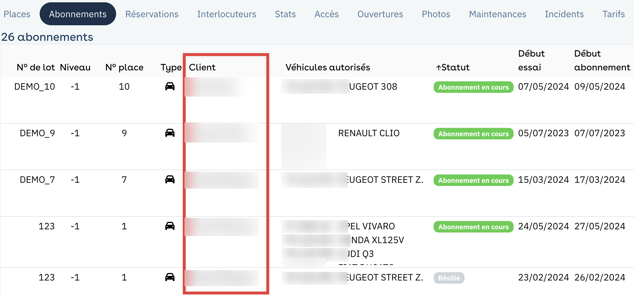 Interface de parceiro: separador Abonnements, coluna Client destacada na lista de assinantes do parque