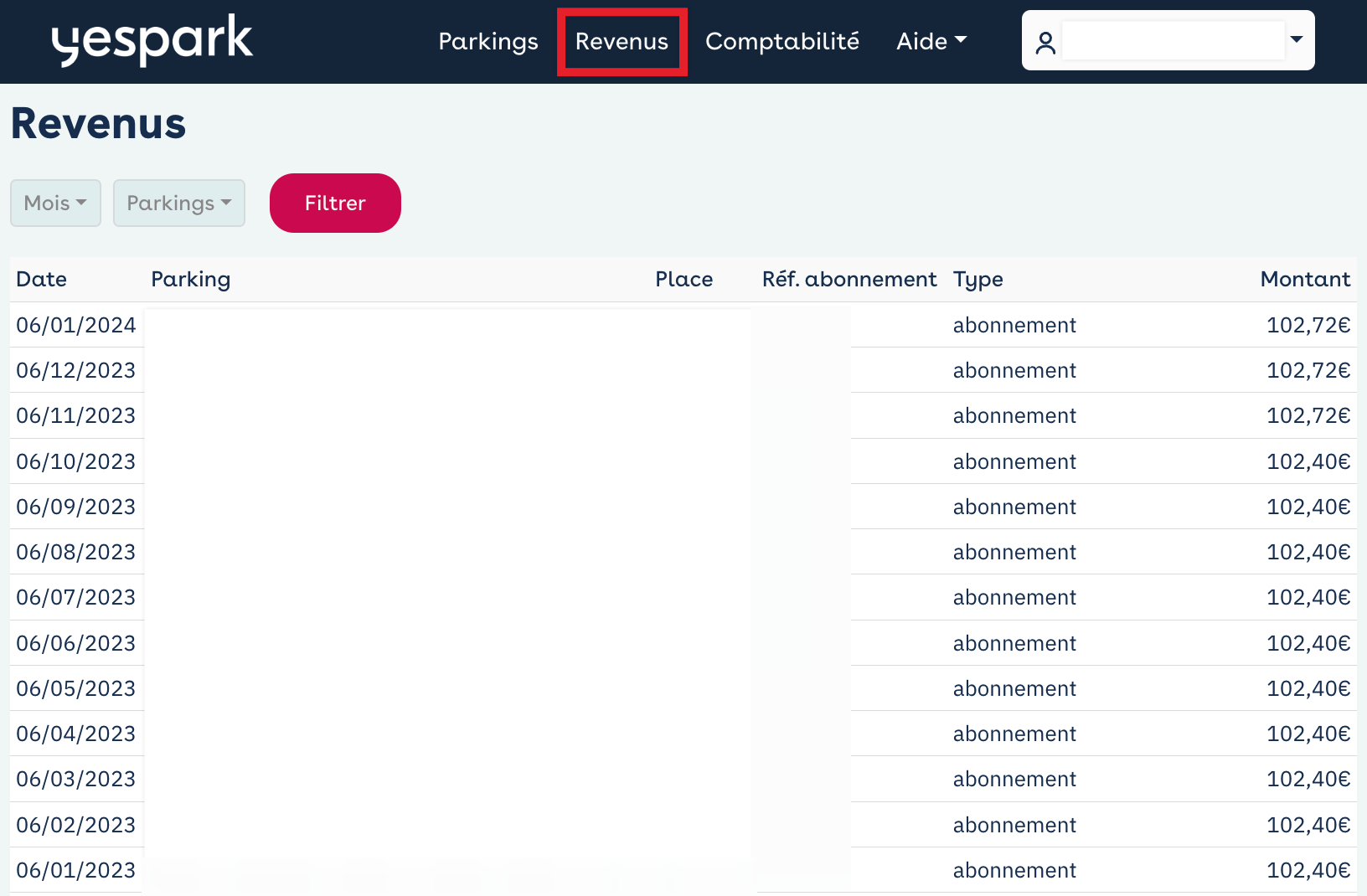 Espacio de propietario de Yespark: pestaña Ingresos destacada, tabla de los pagos mensuales por abono