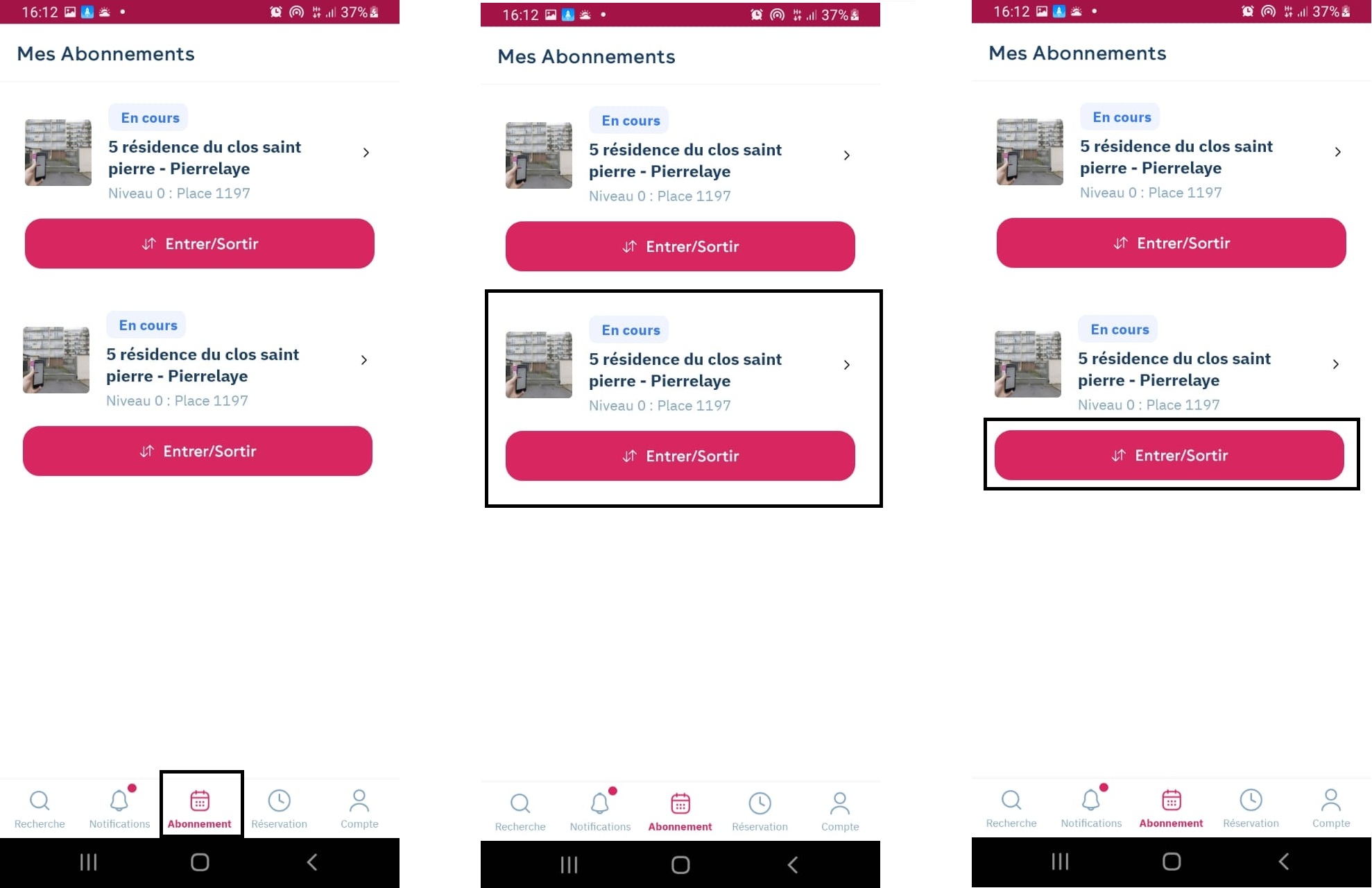 Yespark app: Subscription tab, choosing the subscription, then the Enter/Exit button highlighted, across three screens