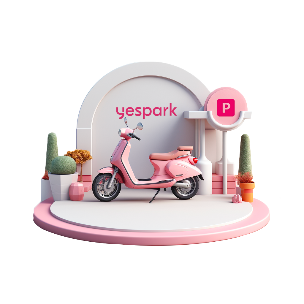 Ilustração de uma scooter cor-de-rosa estacionada em frente a um arco Yespark e a uma placa de estacionamento