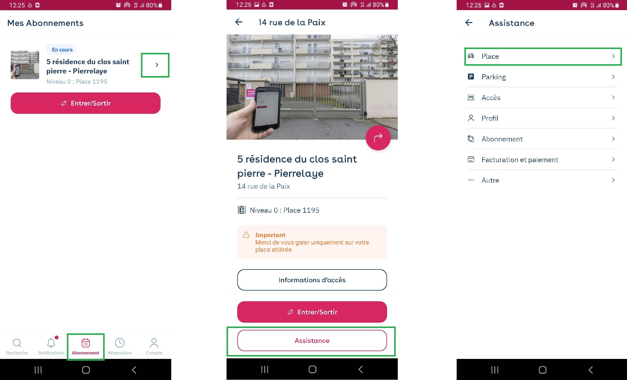 Yespark-App: von Meine Abos zur Seite des Parkings, dann Hilfe und die eingekreiste Rubrik Parkplatz