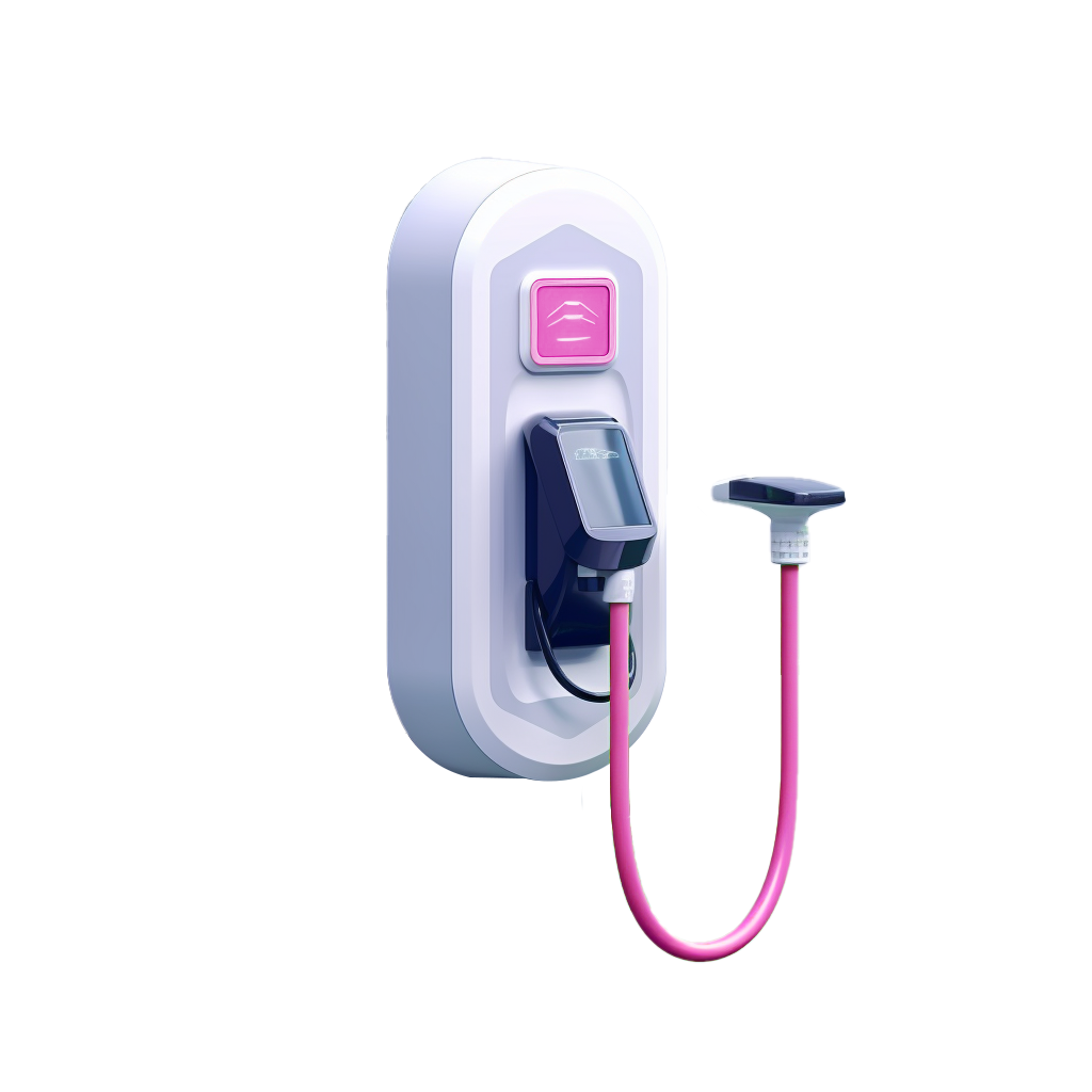 Illustration of a wall-mounted charging station with its pink cable