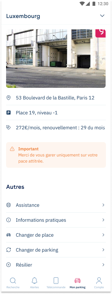 Yespark-App: Bildschirm Mein Parking eines Abos, Bereich Sonstiges mit Hilfe an erster Stelle