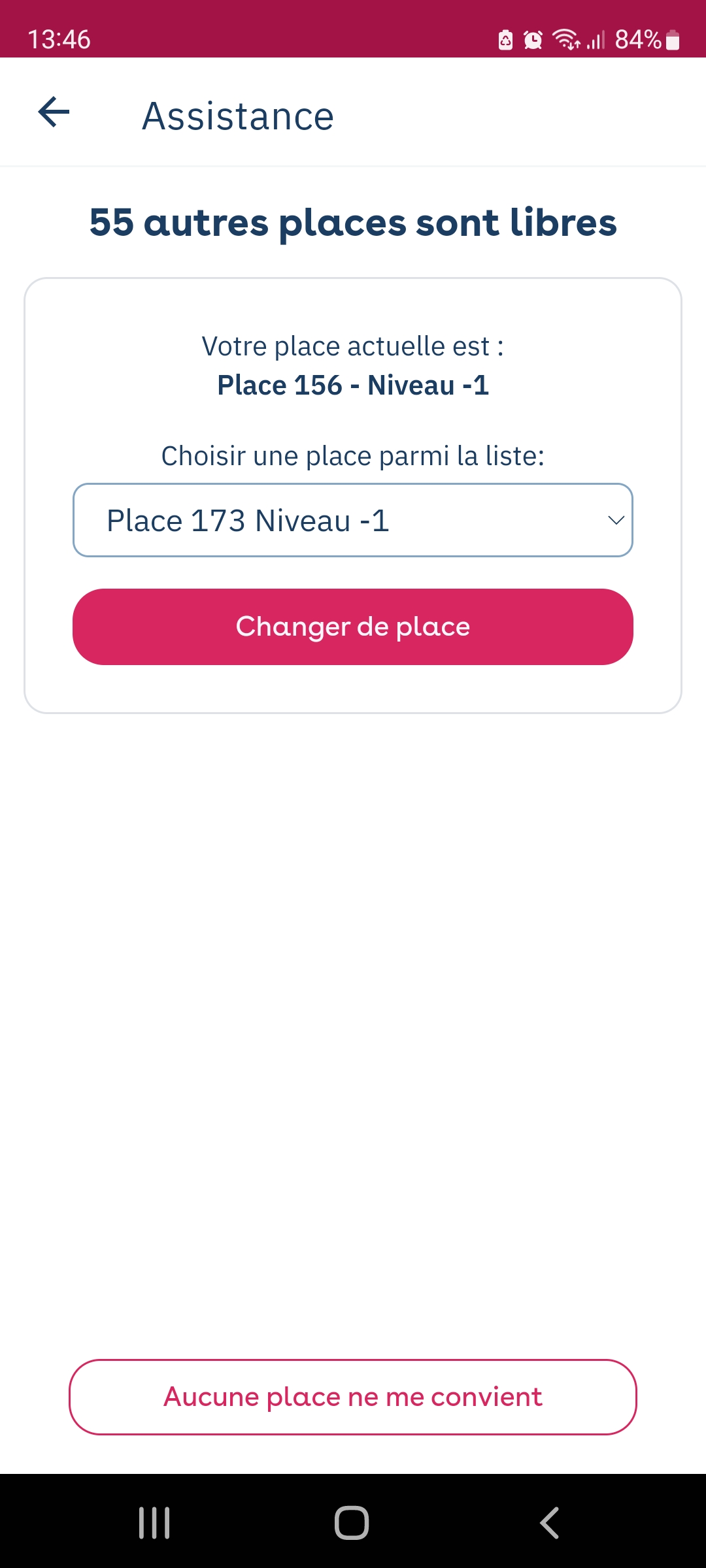Aplicação Yespark: ecrã Assistance, lugares livres, escolha de um novo lugar e botão Change Parking Spot