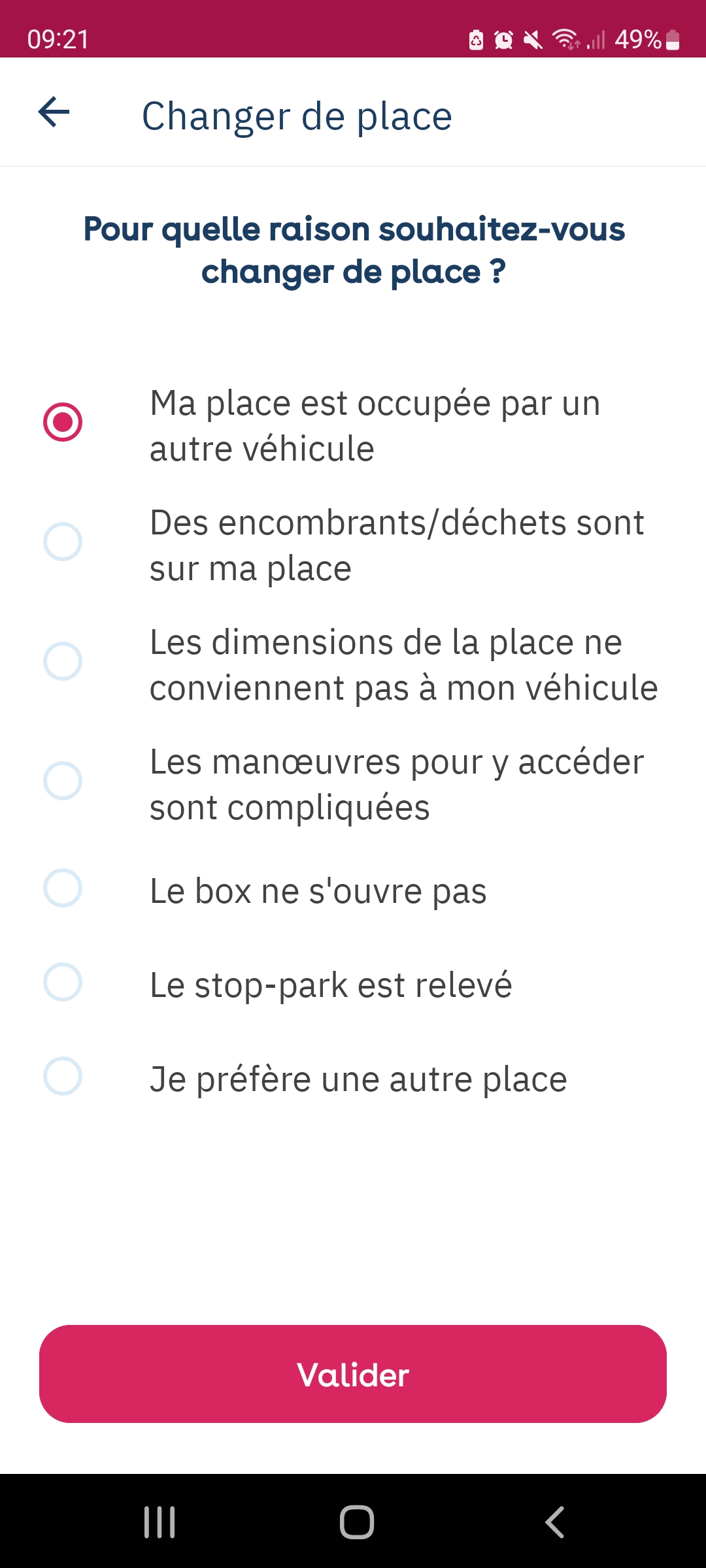 Yespark app: Change Parking Spot screen with the reason “My spot is taken by another vehicle” selected