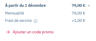 Subscription price breakdown: monthly payment and a 1 € service fee line