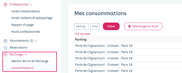 Área de cliente web: menu ReCharge, ligação Consommations (consumos) assinalada, lista dos consumos com exportação XLSX