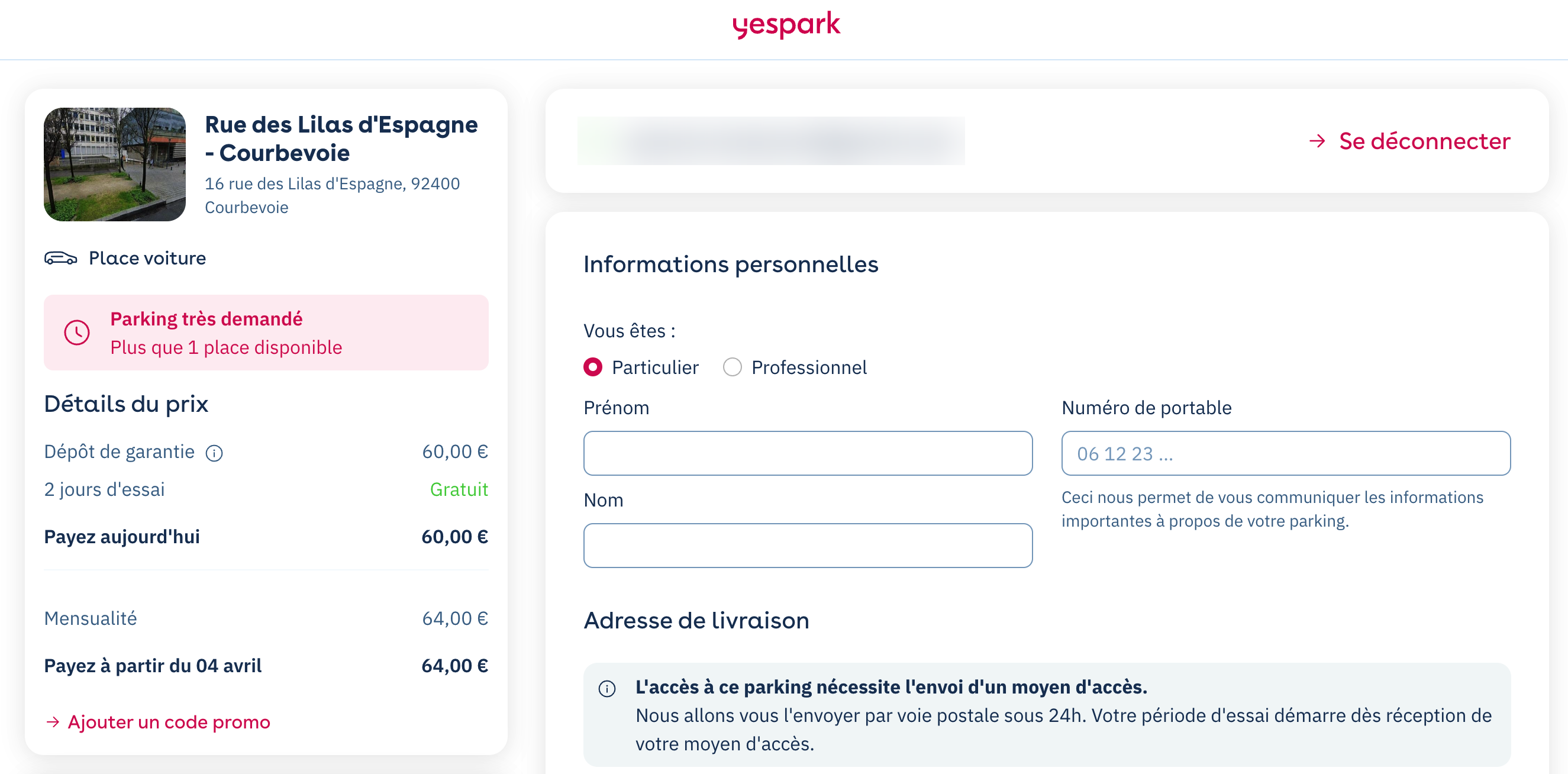 Processo de subscrição na web: detalhe do preço com caução, 2 dias de teste gratuitos e mensalidade