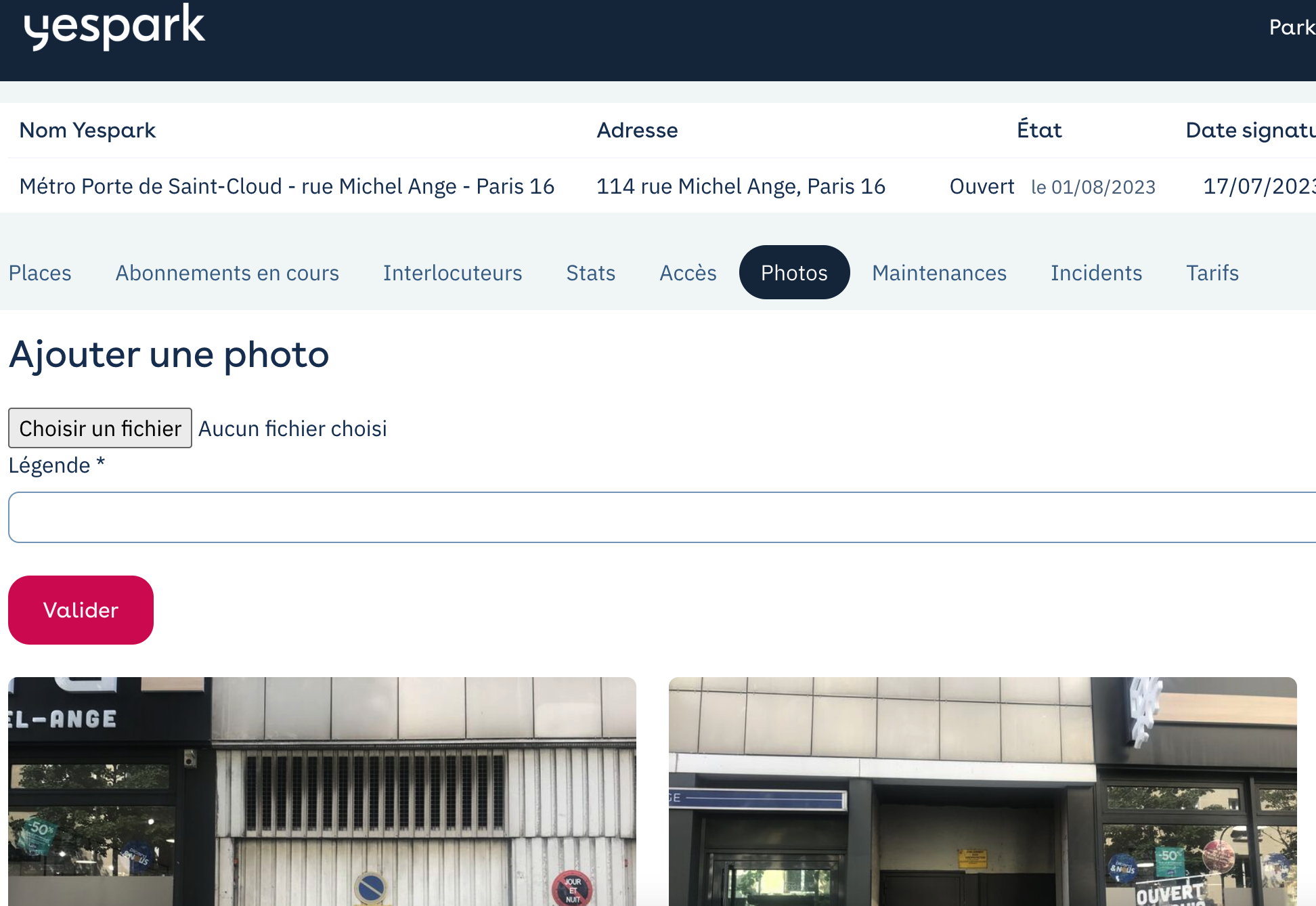 Área de proprietário Yespark: separador Photos do parque, formulário para adicionar uma fotografia e fotografias da entrada