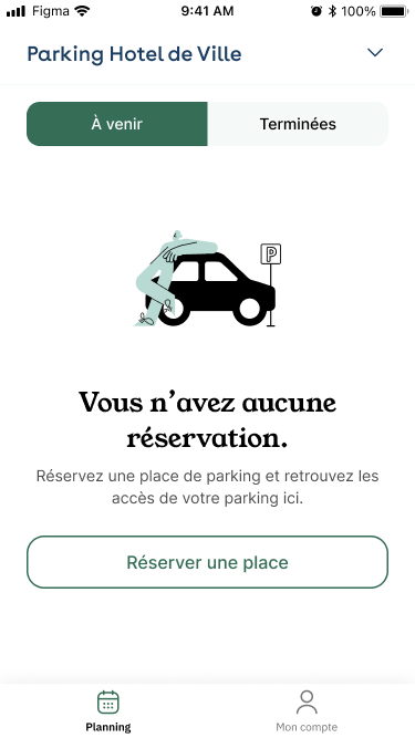 Application Flex : écran Planning sans réservation, avec le bouton Réserver une place