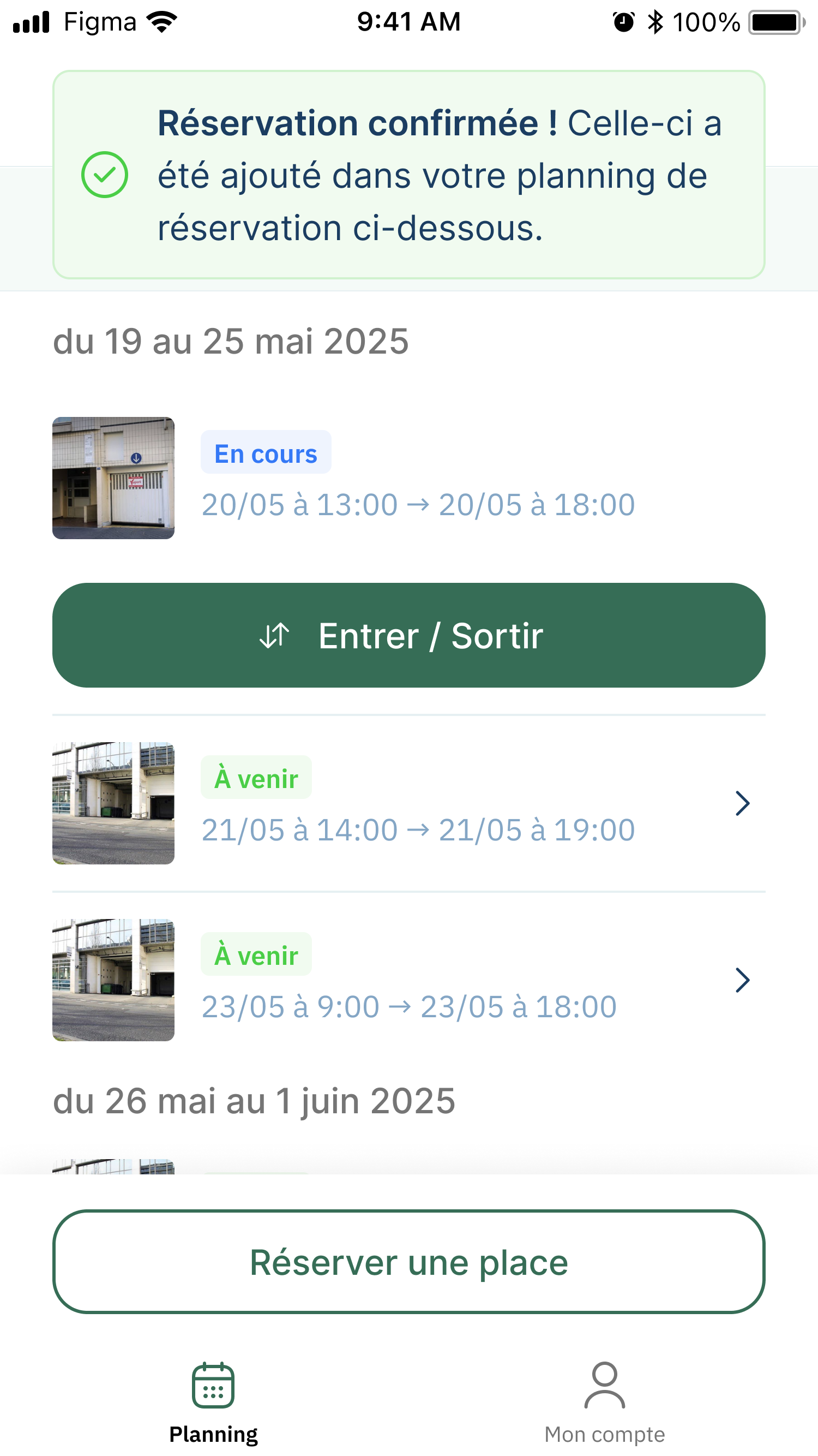 Aplicação Flex: planeamento com a mensagem «Booking confirmed», as próximas reservas e o botão «Book a spot»