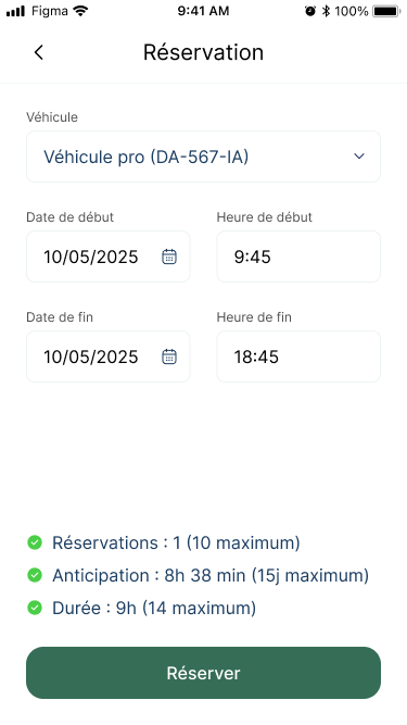 Flex app: booking form with vehicle, dates and times, limits, and the “Book” button